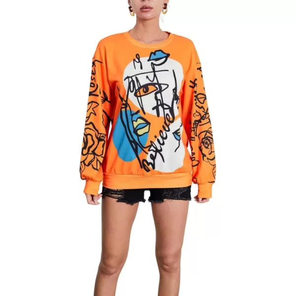 WDIRARA Women's Figure Graphic Print Sweatshirt Round Neck Long Sleeve Contrast Color Graffiti Pullovers