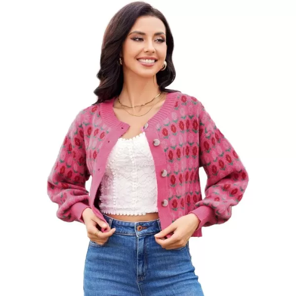 WDIRARA Women's Floral Button Down Ribbed Knit Crew Neck Cropped Cardigan Sweater