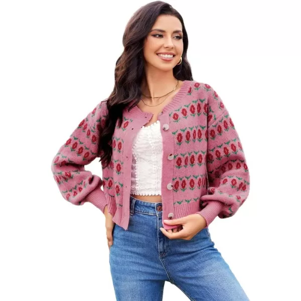WDIRARA Women's Floral Button Down Ribbed Knit Crew Neck Cropped Cardigan Sweater