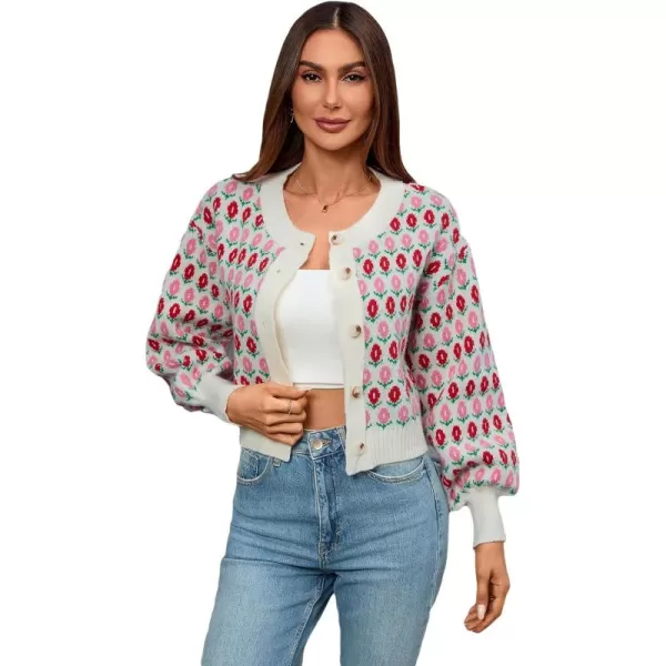 WDIRARA Women's Floral Button Down Ribbed Knit Crew Neck Cropped Cardigan Sweater