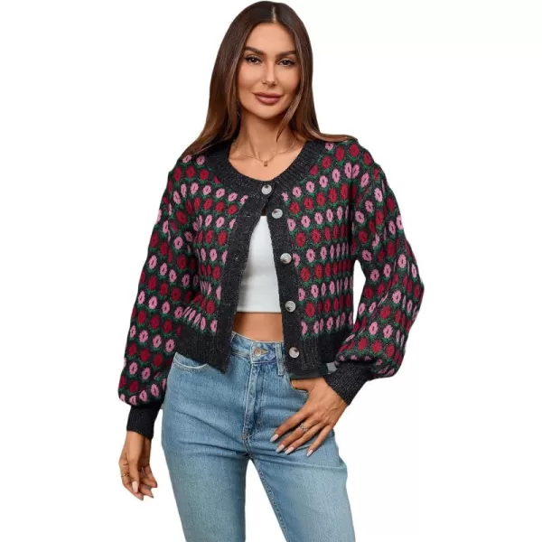 WDIRARA Women's Floral Button Down Ribbed Knit Crew Neck Cropped Cardigan Sweater