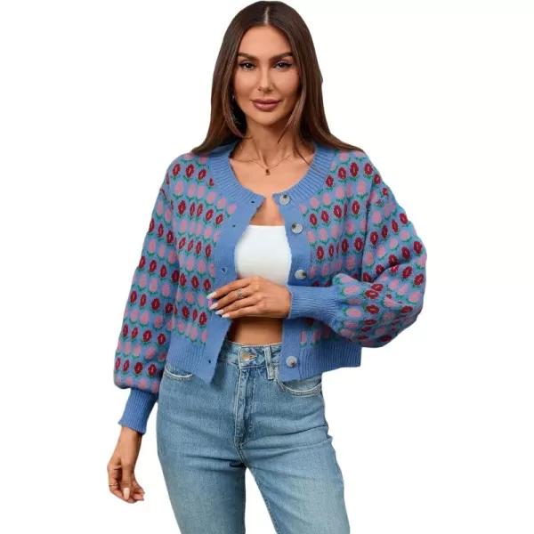 WDIRARA Women's Floral Button Down Ribbed Knit Crew Neck Cropped Cardigan Sweater