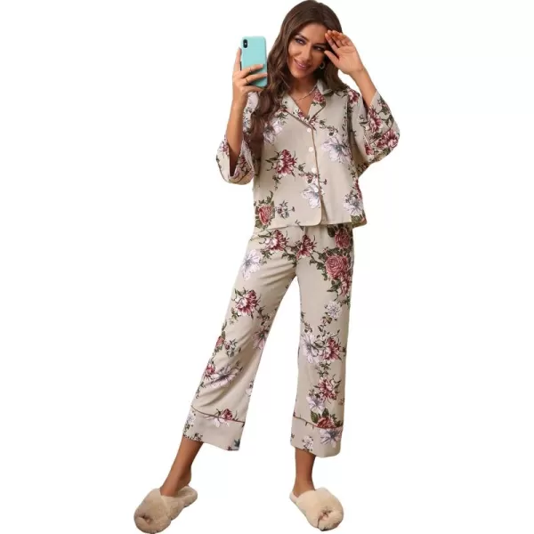 WDIRARA Women's Floral Button Up Long Sleeve Pajamas with Pants Pj Set Lounge Set