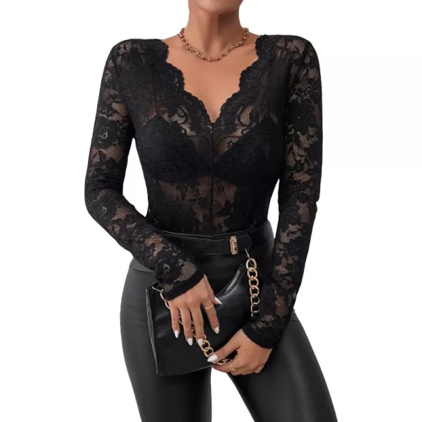 WDIRARA Women's Floral Embroidery Mesh Lace Round Neck Long Sleeve Top
