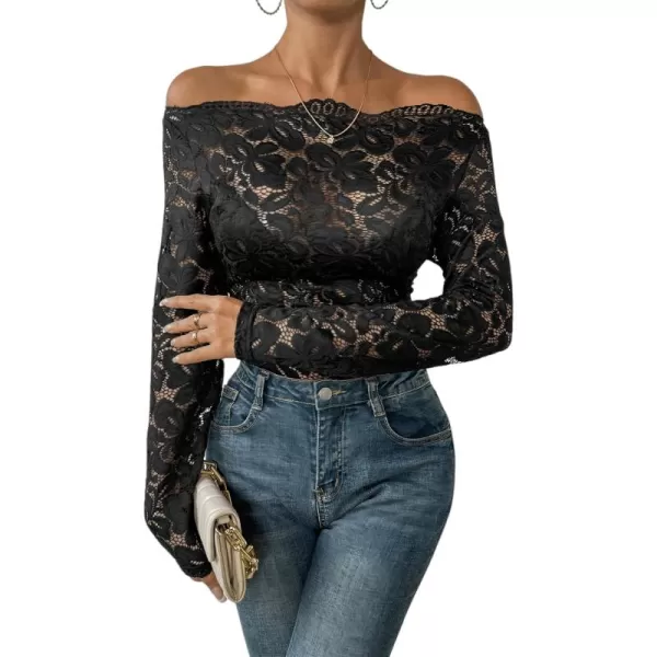 WDIRARA Women's Floral Embroidery Mesh Lace Round Neck Long Sleeve Top