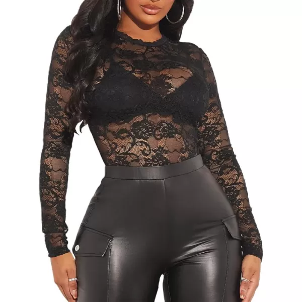 WDIRARA Women's Floral Embroidery Mesh Lace Round Neck Long Sleeve Top