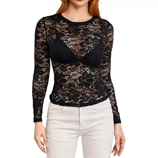 WDIRARA Women's Floral Embroidery Mesh Lace Round Neck Long Sleeve Top