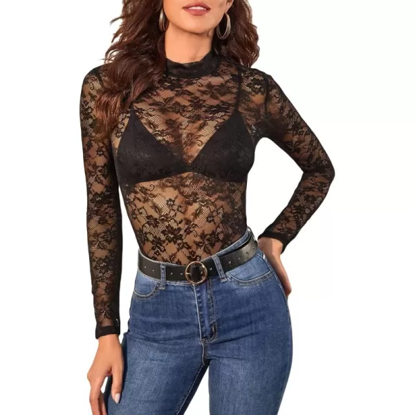 WDIRARA Women's Floral Embroidery Mesh Lace Round Neck Long Sleeve Top