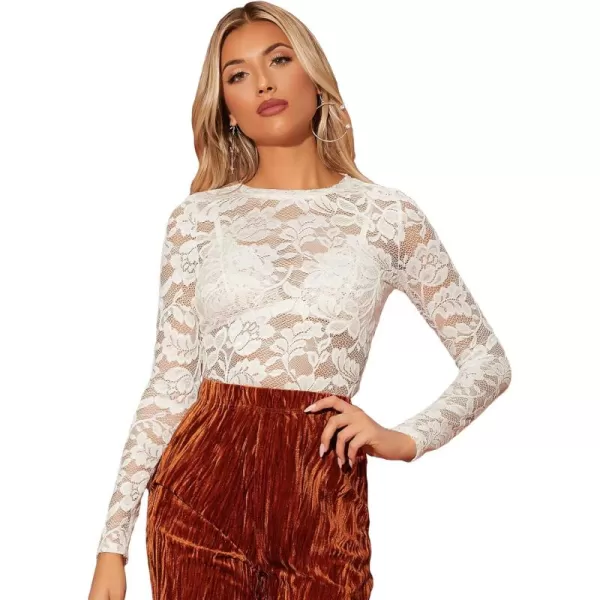 WDIRARA Women's Floral Embroidery Mesh Lace Round Neck Long Sleeve Top