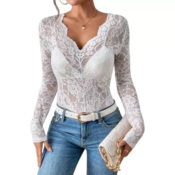 WDIRARA Women's Floral Embroidery Mesh Lace Round Neck Long Sleeve Top