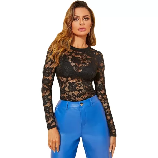 WDIRARA Women's Floral Embroidery Mesh Lace Round Neck Long Sleeve Top
