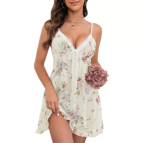 WDIRARA Women's Floral Lace Heart Print V Neck Sheer Mesh Cami Chemise Slip Dress