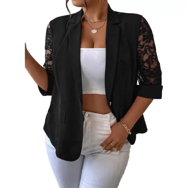 WDIRARA Women's Floral Lace Mesh One Button Lapel Neck Long Sleeve Elegant Jacket Blazer
