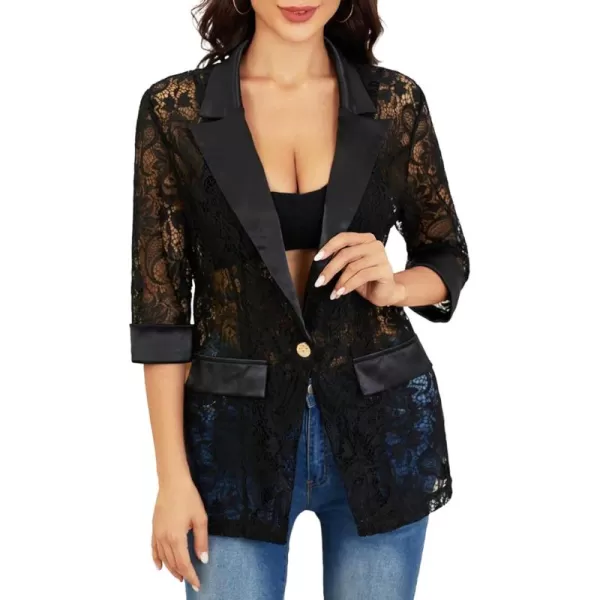 WDIRARA Women's Floral Lace Mesh One Button Lapel Neck Long Sleeve Elegant Jacket Blazer