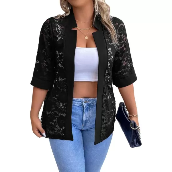 WDIRARA Women's Floral Lace Mesh One Button Lapel Neck Long Sleeve Elegant Jacket Blazer