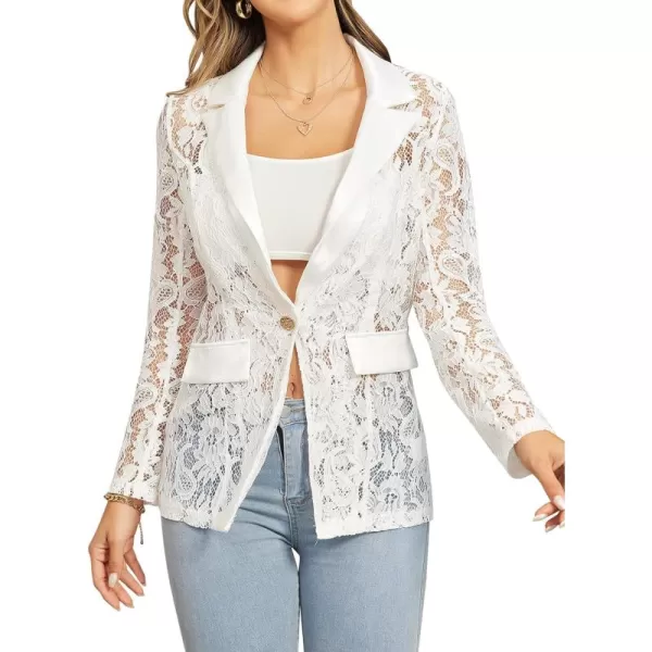WDIRARA Women's Floral Lace Mesh One Button Lapel Neck Long Sleeve Elegant Jacket Blazer