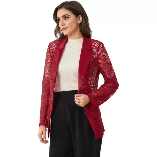 WDIRARA Women's Floral Lace Mesh One Button Lapel Neck Long Sleeve Elegant Jacket Blazer