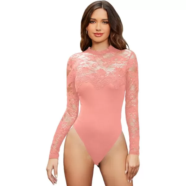 WDIRARA Women's Floral Lace Mock Neck Long Sleeve Mesh Sheer Skinny Bodysuit
