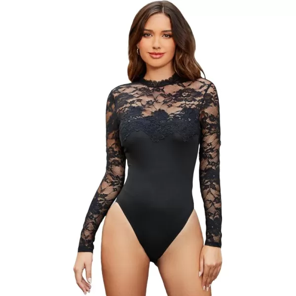 WDIRARA Women's Floral Lace Mock Neck Long Sleeve Mesh Sheer Skinny Bodysuit