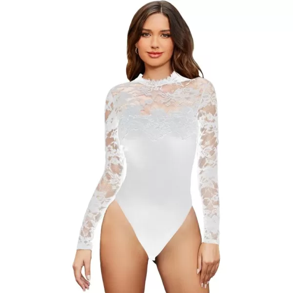 WDIRARA Women's Floral Lace Mock Neck Long Sleeve Mesh Sheer Skinny Bodysuit