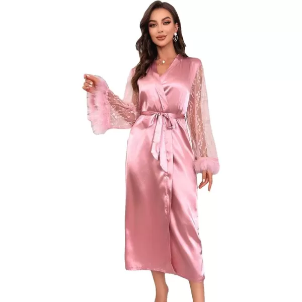 WDIRARA Women's Floral Lace Satin Long Robe Fuzzy Cuff V Neck Ruched Belted Long Sleeve Bridesmaid Wedding Party Robe