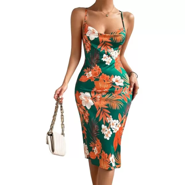WDIRARA Women's Floral Print Cowl Neck Sleeveless Ruched Split Thigh Satin Cami Summer Dress