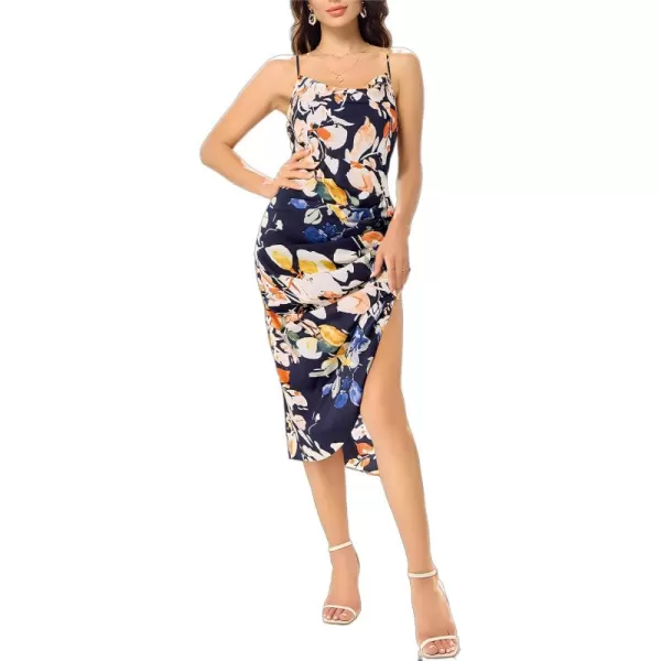 WDIRARA Women's Floral Print Cowl Neck Sleeveless Ruched Split Thigh Satin Cami Summer Dress