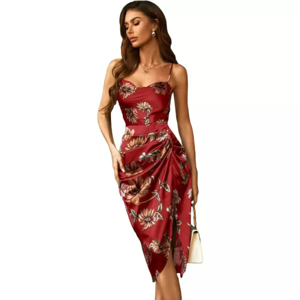 WDIRARA Women's Floral Print Cowl Neck Sleeveless Ruched Split Thigh Satin Cami Summer Dress