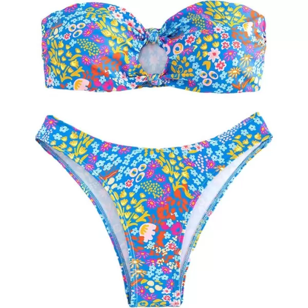 WDIRARA Women's Floral Print Cut Out Strapless Bandeau Bikini Swimsuit 2 Piece Bathing Suit