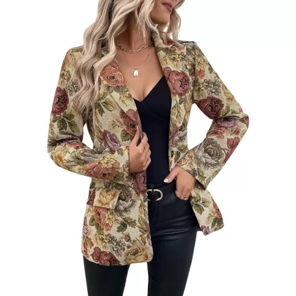 WDIRARA Women's Floral Print Lapel Neck Single Button Lightweight Jacket Blazer with Pocket