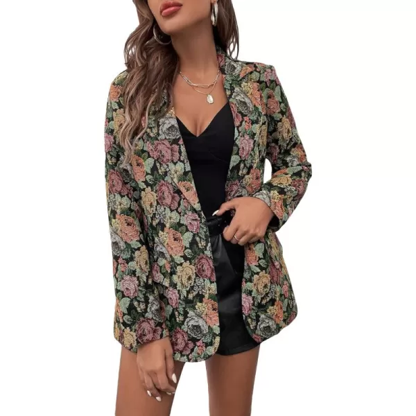WDIRARA Women's Floral Print Lapel Neck Single Button Lightweight Jacket Blazer with Pocket