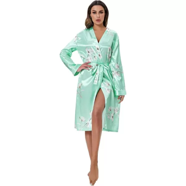WDIRARA Women's Floral Print Long Sleeve Satin Long Robe Bridesmaid Wedding Party Robe