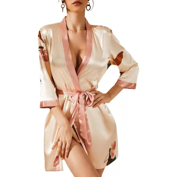 WDIRARA Women's Floral Print Long Sleeve Satin Long Robe Bridesmaid Wedding Party Robe