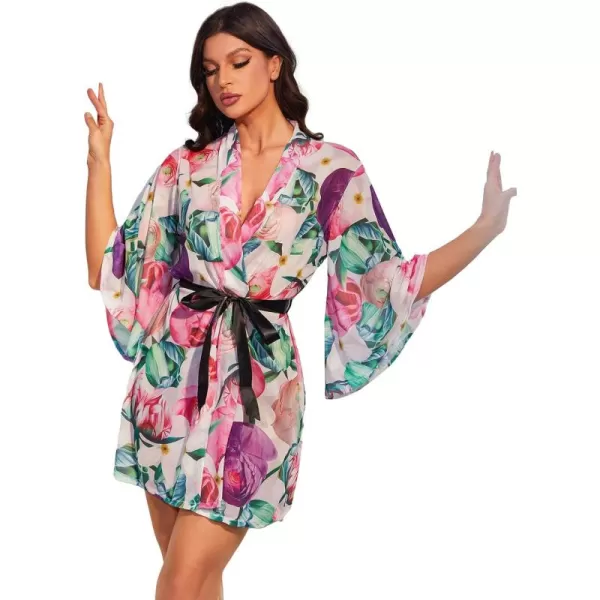 WDIRARA Women's Floral Print Long Sleeve Satin Long Robe Bridesmaid Wedding Party Robe