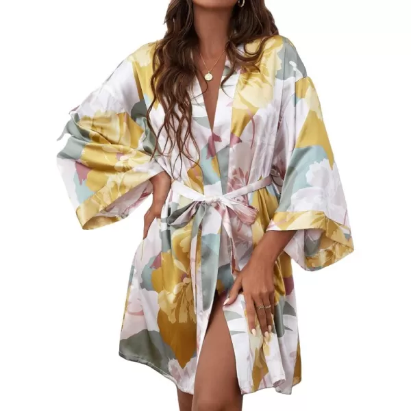 WDIRARA Women's Floral Print Long Sleeve Satin Long Robe Bridesmaid Wedding Party Robe