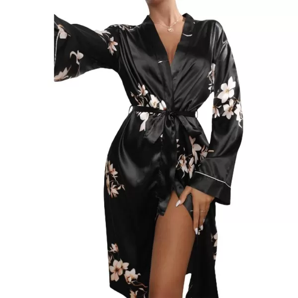 WDIRARA Women's Floral Print Long Sleeve Satin Long Robe Bridesmaid Wedding Party Robe