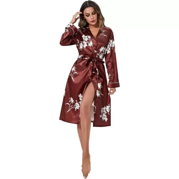 WDIRARA Women's Floral Print Long Sleeve Satin Long Robe Bridesmaid Wedding Party Robe