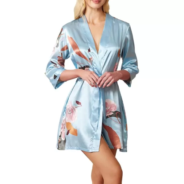 WDIRARA Women's Floral Print Long Sleeve Satin Long Robe Bridesmaid Wedding Party Robe