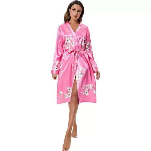 WDIRARA Women's Floral Print Long Sleeve Satin Long Robe Bridesmaid Wedding Party Robe