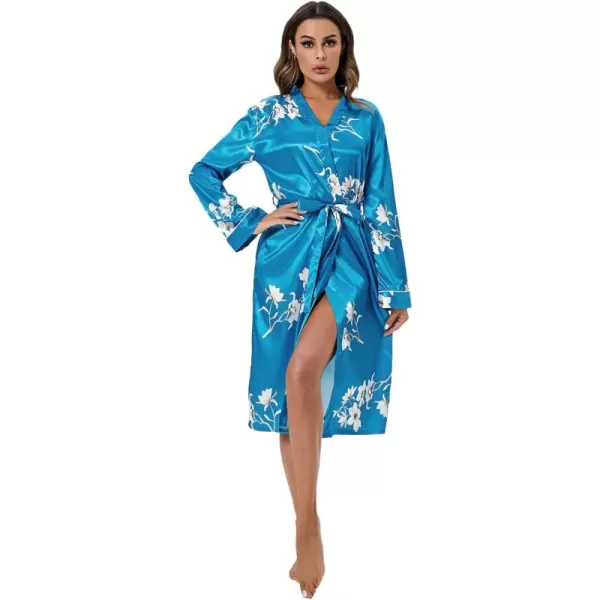 WDIRARA Women's Floral Print Long Sleeve Satin Long Robe Bridesmaid Wedding Party Robe