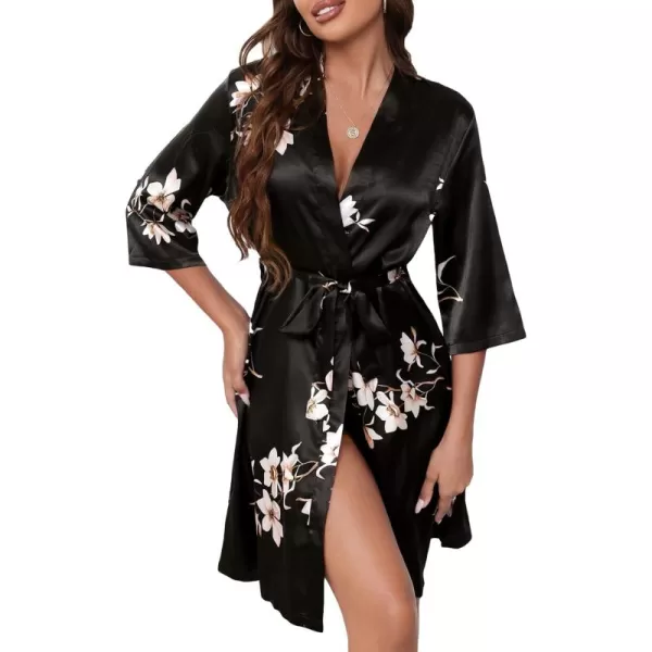 WDIRARA Women's Floral Print Long Sleeve Satin Long Robe Bridesmaid Wedding Party Robe