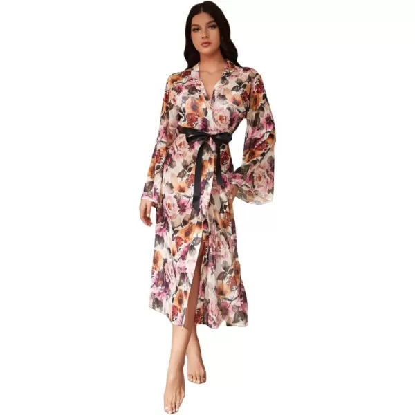 WDIRARA Women's Floral Print Long Sleeve Satin Long Robe Bridesmaid Wedding Party Robe