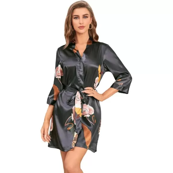 WDIRARA Women's Floral Print Long Sleeve Satin Long Robe Bridesmaid Wedding Party Robe