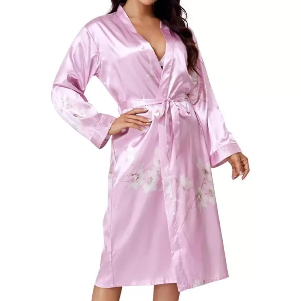 WDIRARA Women's Floral Print Long Sleeve Satin Long Robe Bridesmaid Wedding Party Robe