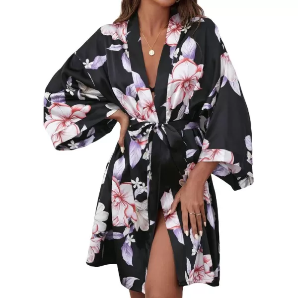 WDIRARA Women's Floral Print Long Sleeve Satin Long Robe Bridesmaid Wedding Party Robe