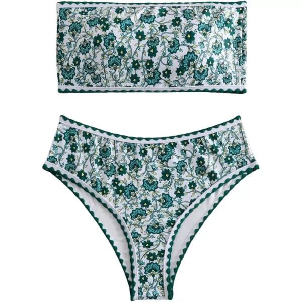 WDIRARA Women's Floral Print Strapless Lace Up Bikini Swimsuit 2 Piece Bathing Suit
