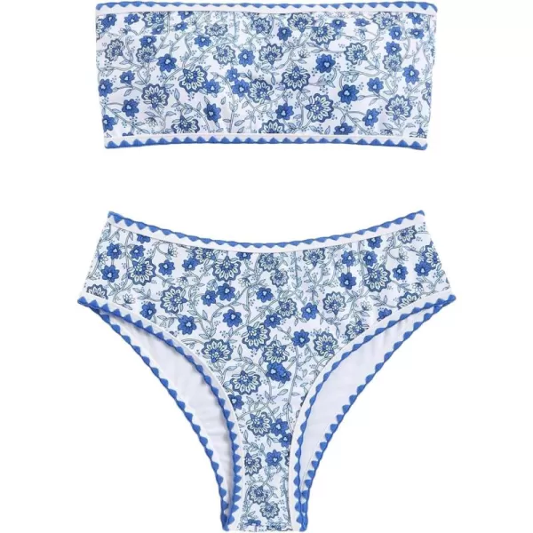 WDIRARA Women's Floral Print Strapless Lace Up Bikini Swimsuit 2 Piece Bathing Suit