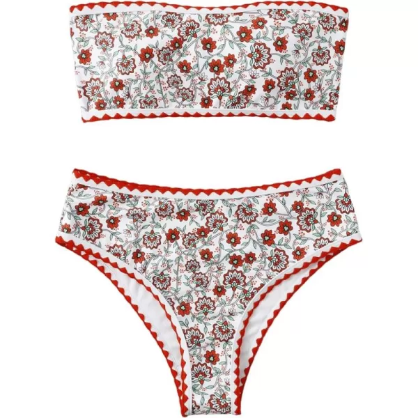 WDIRARA Women's Floral Print Strapless Lace Up Bikini Swimsuit 2 Piece Bathing Suit