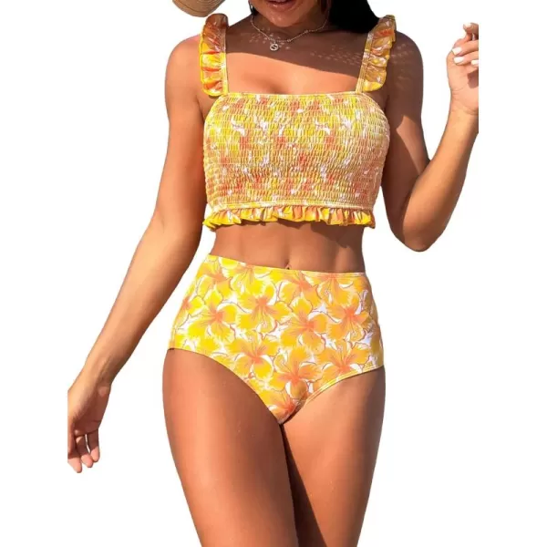 WDIRARA Women's Floral Print Tankini Set 2 Piece Ruffle Swimsuits Spaghetti Strap Bathing Suits