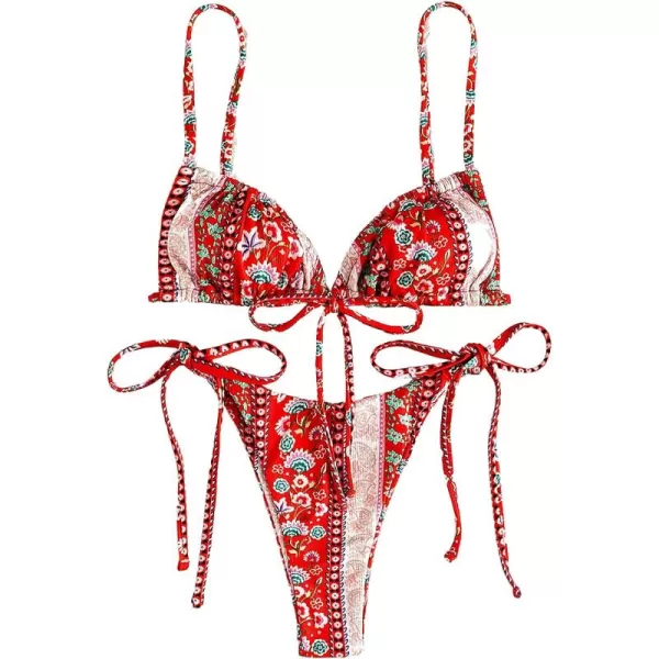 WDIRARA Women's Floral Print Tie Side Swimwear Straps Bikini Sets Swimsuits